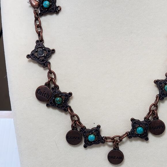 Faux Turquoise Necklace Inspirational Charm Dangle Lobster Closure 15" - Picture 2 of 7